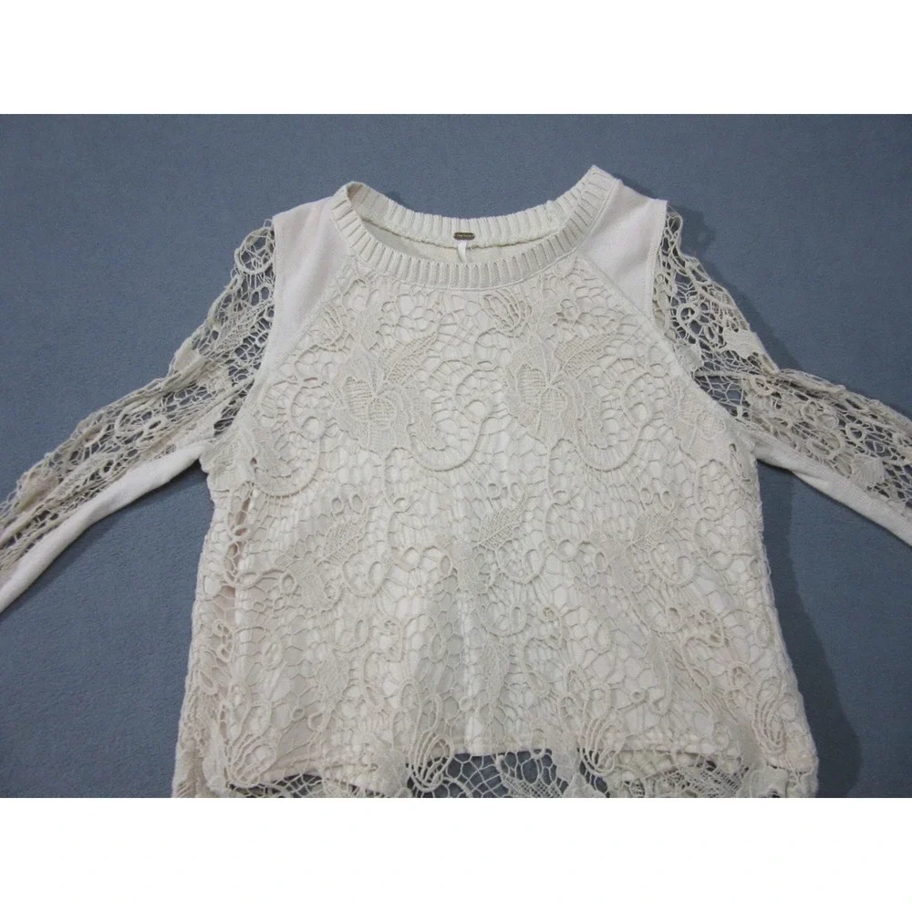 Free People Top Womens XS Ivory Cream Lace Knit Long Sleeve Crochet Boho Floral